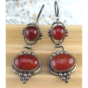 Vintage 925 Silver Dangle Earrings With Red Carnelian Gemstones